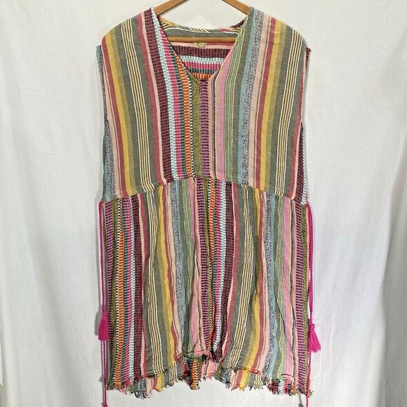 TRUE CRAFT Boho Dress Striped V-Neck Tassel Tie Sleeveless Womens S Multicolor - Picture 1 of 11